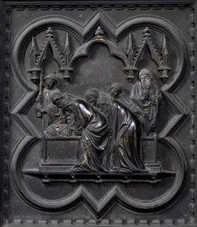 Johannes Døberens begravelse, tyvende panel på syddørene i San Giovanni-døbefonten, 1336 (bronze)